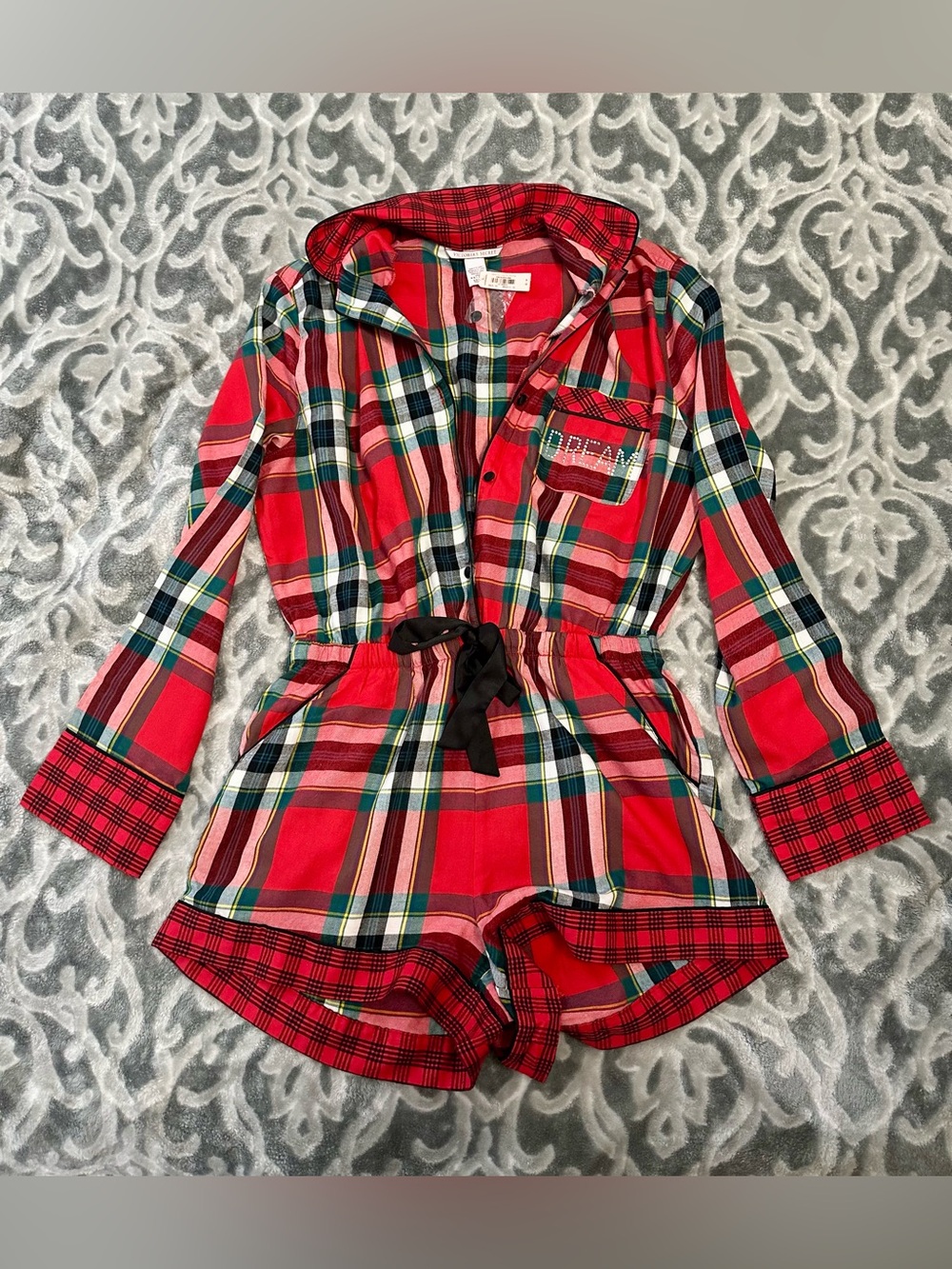 Victoria's Secret Red Plaid Long-Sleeve Romper